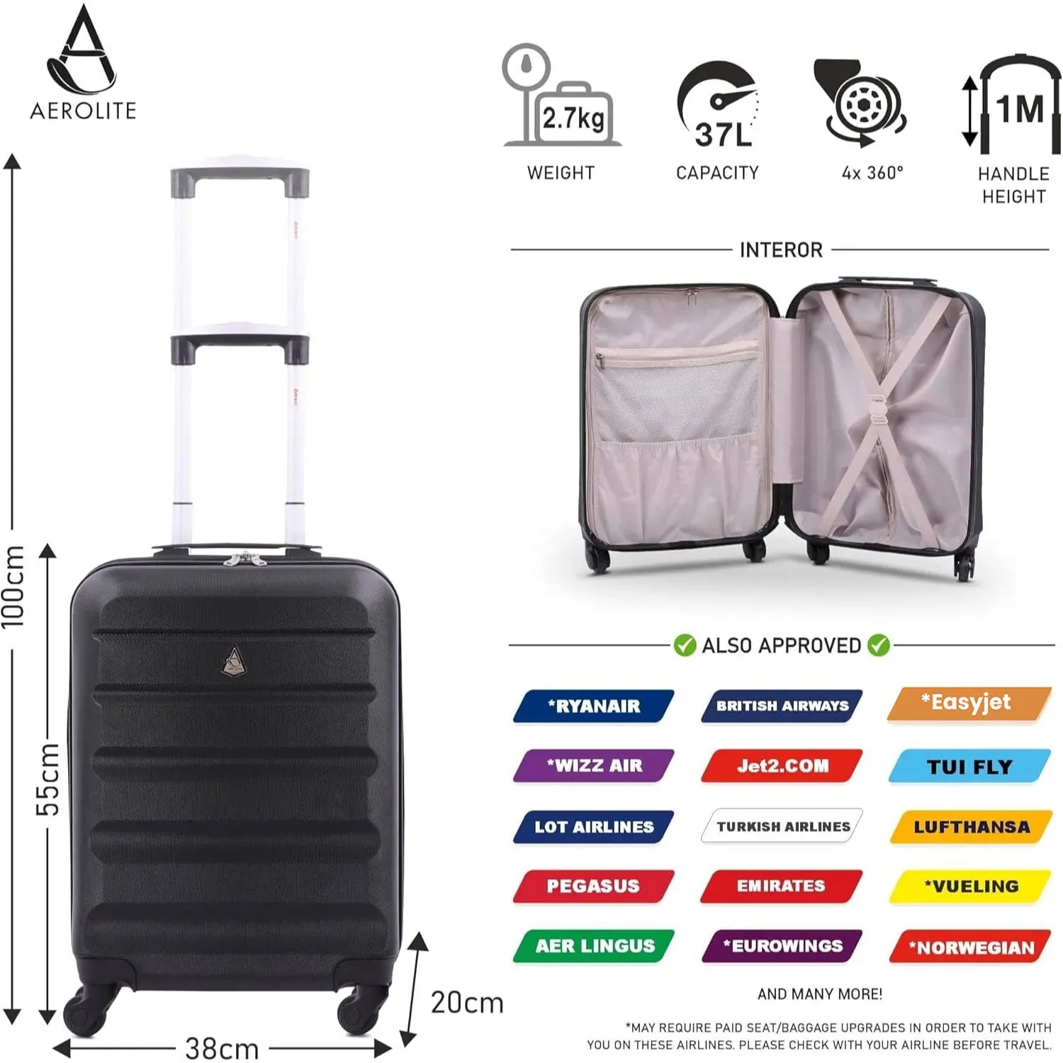 Aerolite (55x38x20cm) Emirates Max Size Hard Shell Carry On Hand Cabin Luggage Suitcase with 4 Wheels, Fits Ryanair, British Airways, easyJet & Many More