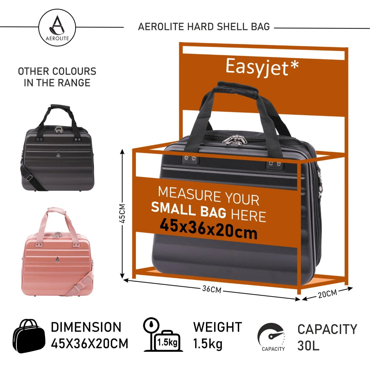 Aerolite Easyjet Maximum Size 45x36x20cm New Summer 2024 Hand Cabin Approved Luggage, Hardshell Carry On Holdall Shoulder Under Seat Flight Bag With 2 Years Of Warranty