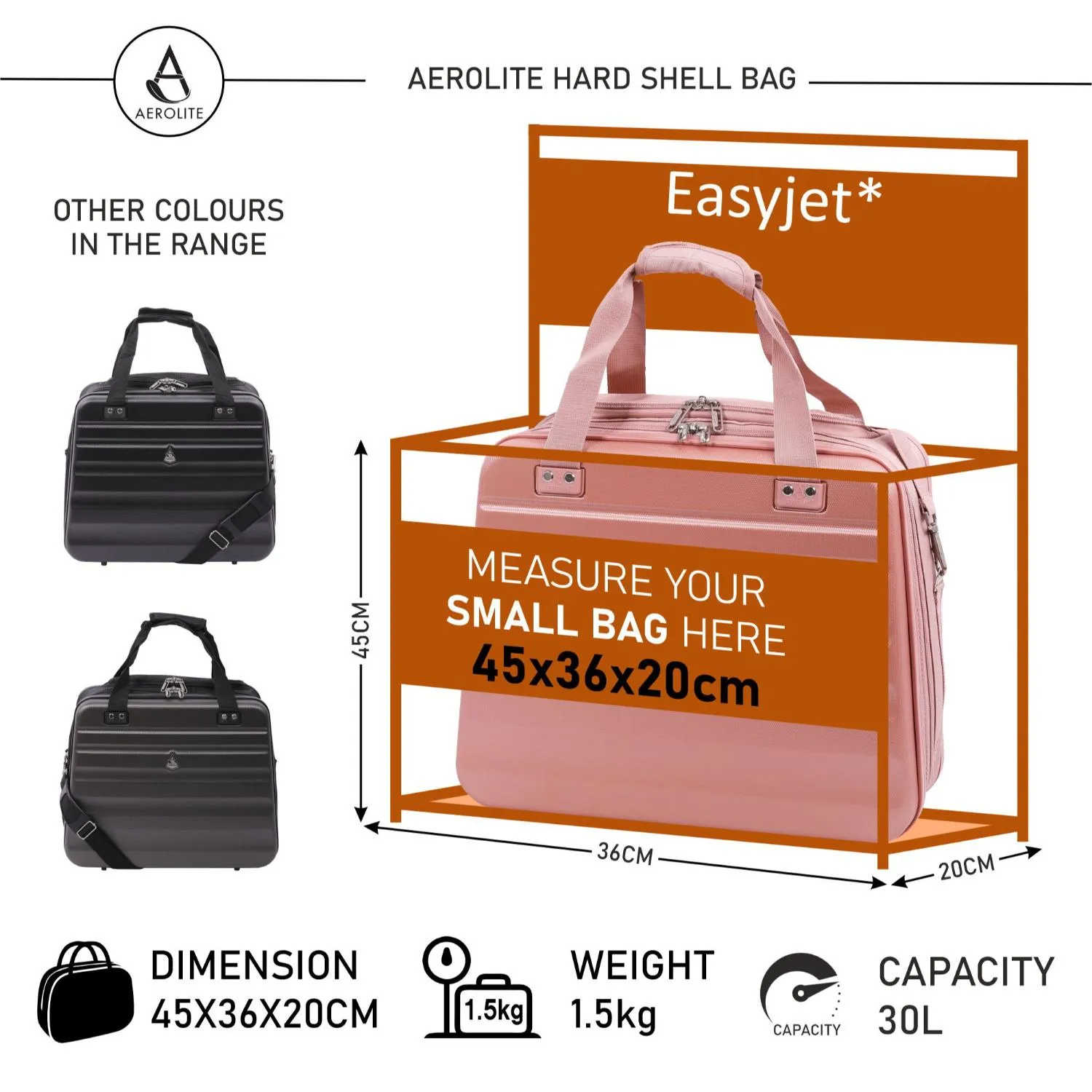 Aerolite Easyjet Maximum Size 45x36x20cm New Summer 2024 Hand Cabin Approved Luggage, Hardshell Carry On Holdall Shoulder Under Seat Flight Bag With 2 Years Of Warranty