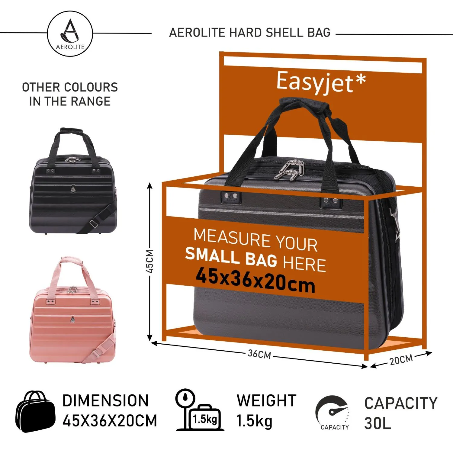 Aerolite Easyjet Maximum Size 45x36x20cm New Summer 2024 Hand Cabin Approved Luggage, Hardshell Carry On Holdall Shoulder Under Seat Flight Bag With 2 Years Of Warranty